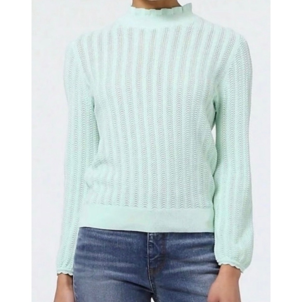 NEW J.Crew Mint Green Ruffle Mock Neck Cotton Sweater XL Grandmillennial